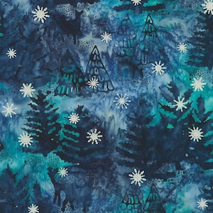 May include: A fabric featuring a batik-style pattern with deep blue and teal watercolor-like tones. The design displays silhouettes of evergreen trees and deer interspersed with scattered, glittery white snowflake motifs across the surface.