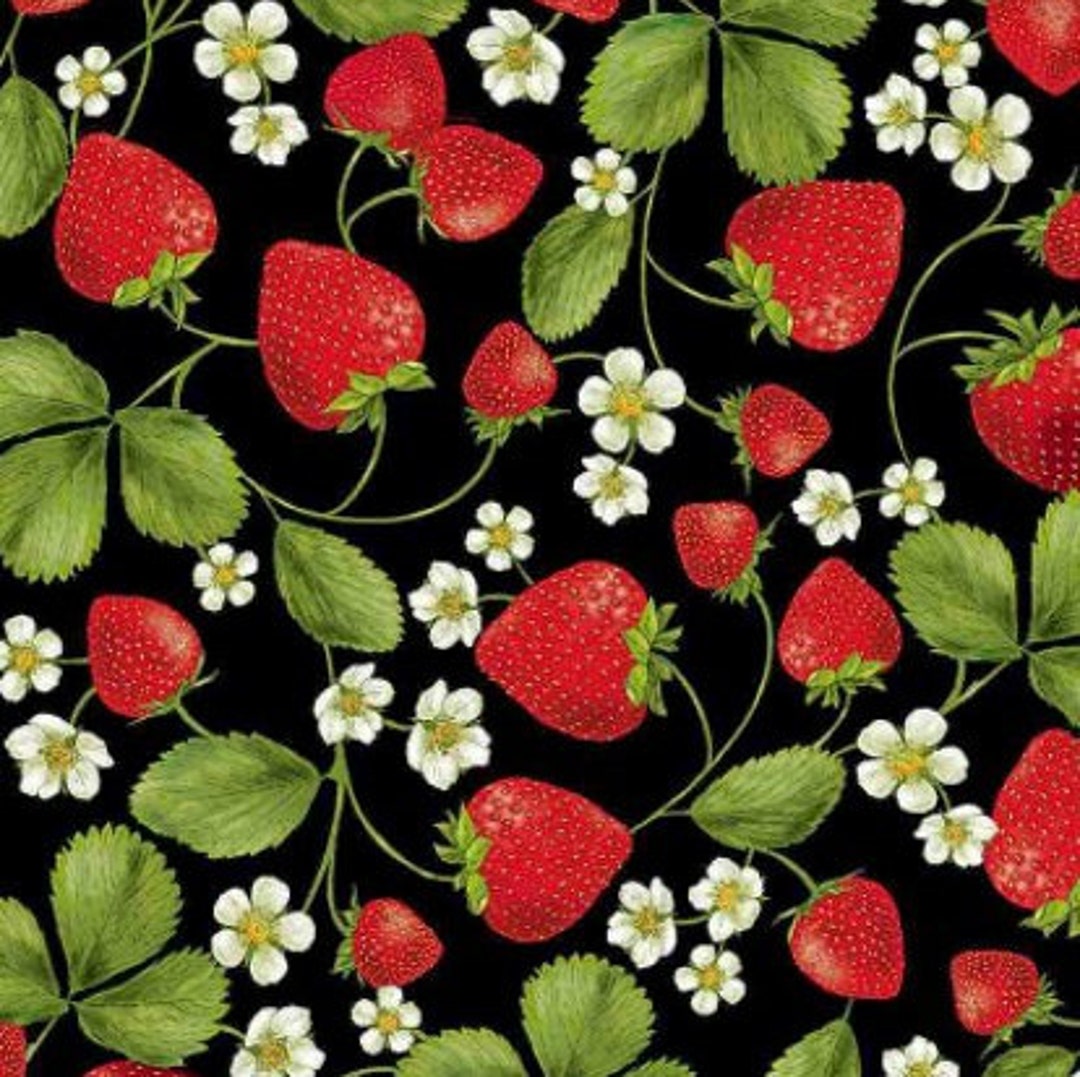 Timeless Treasures Strawberry Patch Strawberry Vines Black Cotton ...