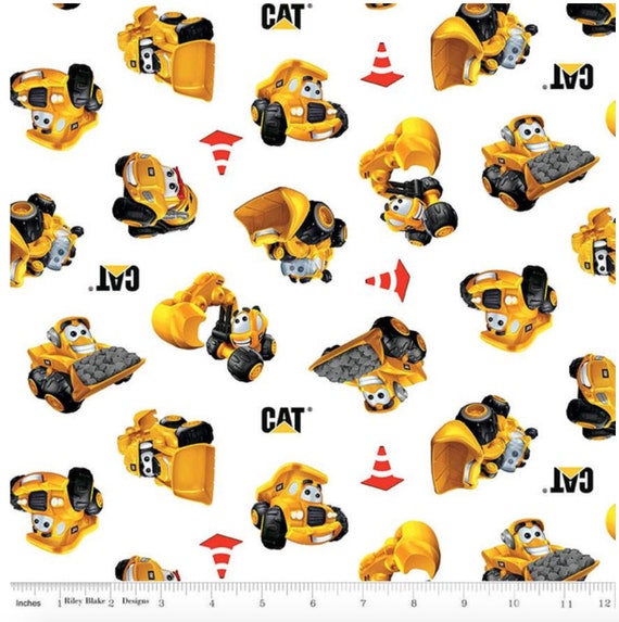 CAT® Buildin' Crew Wigglers All Over White Cotton Fabric