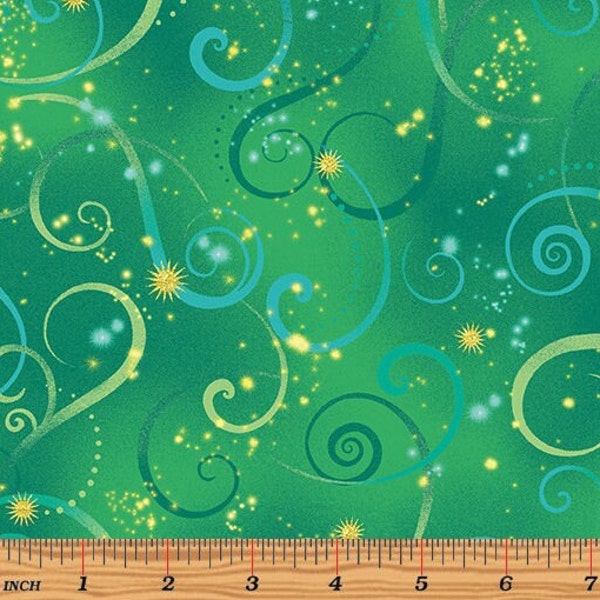 Benartex - Dance of the Dragonfly - Swirling Sky Emerald Metallic Fabric by Kanvas Studio - Metallic - Cotton Fabric