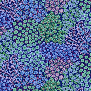 May include: A fabric pattern featuring a dense arrangement of small flowers in shades of light blue, lavender, and mint green set against a deep navy blue background. The design includes various floral clusters, sprigs, and petals.