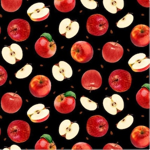 Orchard Valley - Apples and Slices Black Fabric - Digital Print - Cotton Fabric