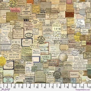 May include: Fabric with a collage of vintage labels, tags, and handwritten notes in various sizes and shapes. The color palette is primarily beige, cream, and brown, with some text in black and blue. A ruler in inches is at the bottom.