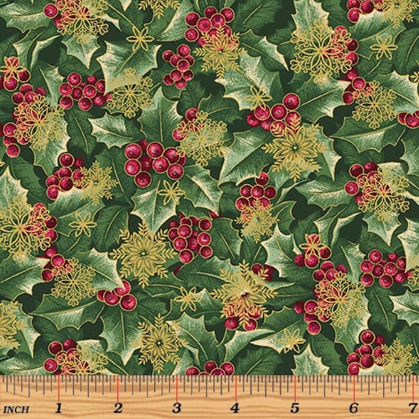 Benartex - A Festive Season 3 - Holly with Flakes Forest/Gold Metallic Fabric by Jackie Robinson - Metallic - Cotton Fabric