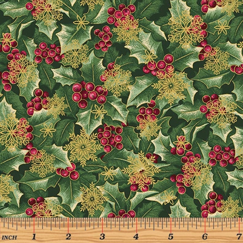 A Festive Season 3 - Holly with Flakes Forest/Gold Metallic Fabric by Jackie Robinson - Metallic - Cotton Fabric