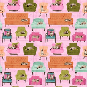 May include: A pink and white patterned background featuring a variety of couches and armchairs, each with a cat seated upon it. The cats are all different colours and have varying poses.