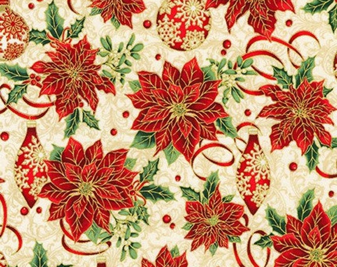 Robert Kaufman Winter's Grandeur 8 Holiday Ornaments and Poinsettias