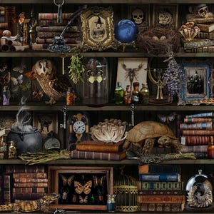 Puede incluir: Una estantería de madera llena de diversos objetos, incluyendo libros, frascos, un reloj, una tortuga, un pájaro, una calavera, una bola de cristal y un cuadro enmarcado de una mujer con un sombrero de bruja. La estantería está decorada con flores secas y otros elementos naturales.