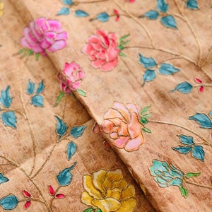 Artificial Silk Roses Print Fabric with Gold Thread Embroidery | Lustrous Floral Fabric for Apparel, Decor, Costumes