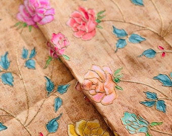 Floral Art Silk Fabric: Roses Print with Gold Embroidery