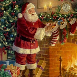 Santa by Fireplace Cotton Fabric Panel: Nostalgic Christmas (36&quot;x44&quot;)