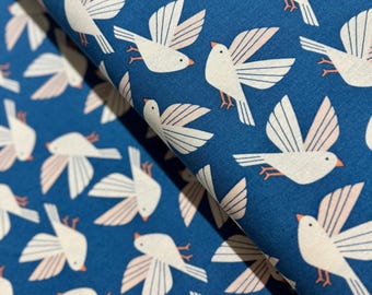 Blue Canvas Fabric: Wild & Free Bird Print by Loes Van Oosten