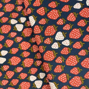 Strawberry Canvas Fabric: Queen of Berries Print, Unbleached Cotton + Steel