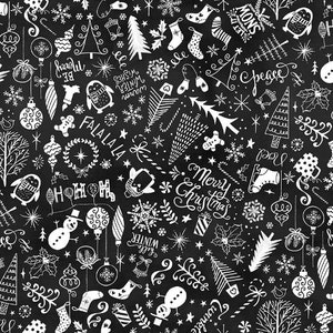 May include: Black and white Christmas-themed pattern with hand-drawn illustrations. Features snowflakes, ornaments, trees, stockings, penguins, snowmen, and text like "Merry Christmas" and "Hello Winter".