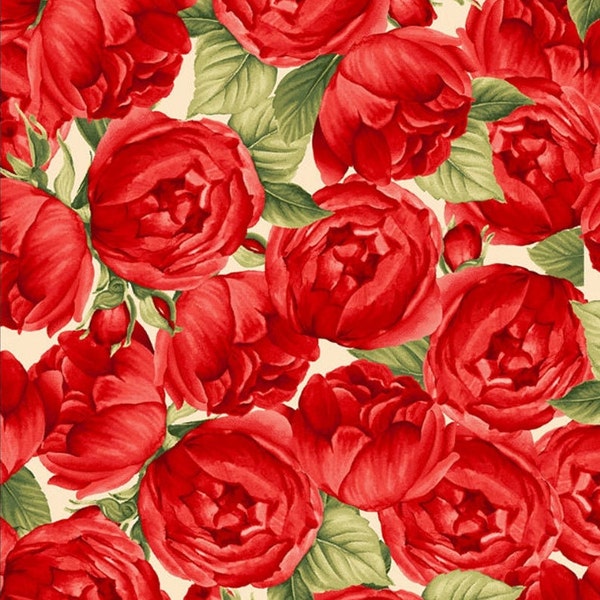 Timeless Treasures - Garden Rose - Medium Red Roses on Cream - Cotton Fabric