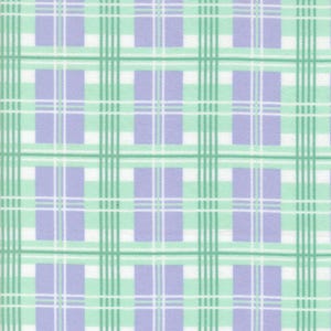 Könnte beinhalten: Ein sich wiederholendes Karomuster mit sich kreuzenden Linien. Das Muster zeigt ein Gitter aus hellgrünen und weißen Linien mit lavendelfarbenen Quadraten. Der Hintergrund ist hellgrün.