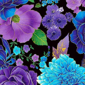 Timeless Treasures - Utopia - Blue Metallic Florals Fabric by Chong-a Hwang - Metallic Cotton Fabric
