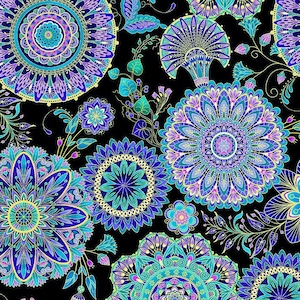 Metallic Blue Medallion Cotton Fabric - Empress Collection