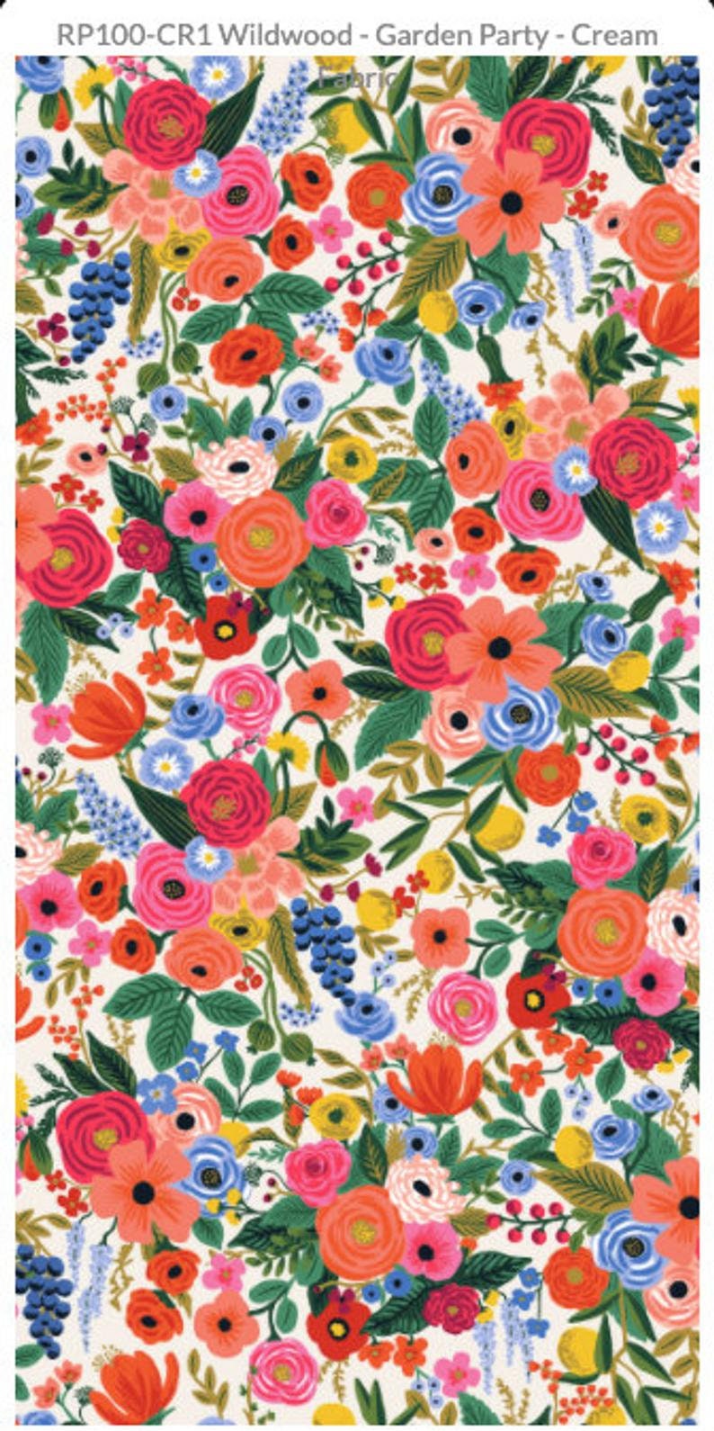 May include: A cream-colored fabric with a floral pattern featuring red, pink, orange, yellow, blue, and green flowers. The fabric is called "Wildwood - Garden Party - Cream" and has the product code "RP100-CR1".