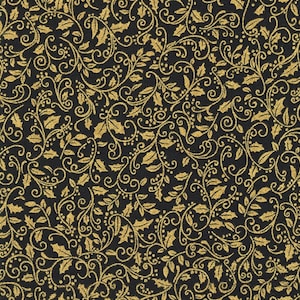 Holiday Charms - Holly Black Gold - Metallic Cotton Fabric