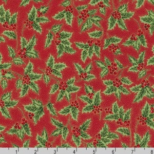 Holiday Flourish 13 - Holiday Holly on Red - Metallic - Cotton Fabric
