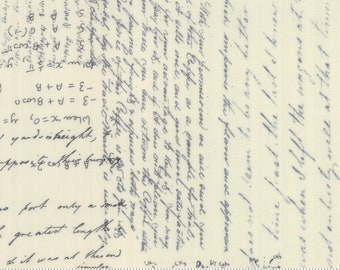 May include: A cream-coloured fabric with a black and white handwritten text pattern. The fabric has a ruler with markings in inches. The text includes mathematical equations and phrases like "opposite coffee grounds".