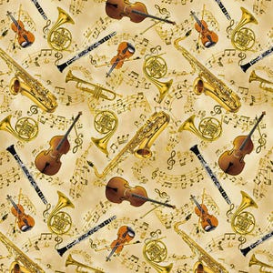 May include: A beige background with musical notes and a variety of musical instruments, including a saxophone, a violin, a cello, a trumpet, a french horn, and a clarinet.