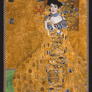 May include: A painting of a woman in a gold dress with a patterned design. The background is a gold and black geometric pattern.