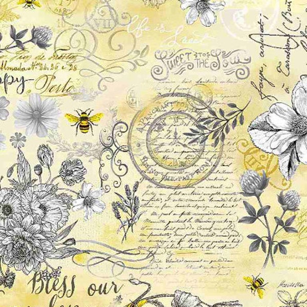 Timeless Treasures - Queen Bee - Old Fashioned Text Fabric - Digital Print - Cotton Fabric