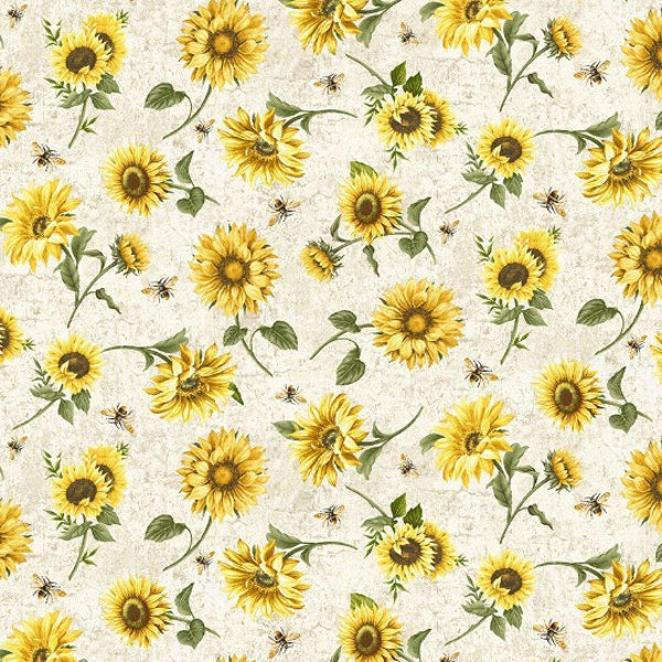 Timeless Treasures - Honey Bee Farm - Tossed Bee and Sunflower Fabric by Gail Cadden - Digital Print - Cotton Fabric