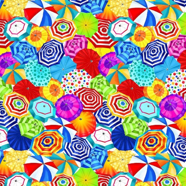 Timeless Treasures - Pool Party - Packed Multi Beach Umbrellas Fabric by Gail Cadden - Digital Print - Cotton Fabric