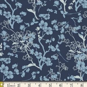 Voile Fabric - Branch Silhouette Blue - Width 52&quot; - Cotton Voile Fabric