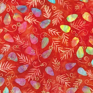 May include: A vibrant fabric with a red background featuring colorful, teardrop-shaped designs and white fern-like patterns. Small gold star-shaped accents and swirling lines add detail to the textile.