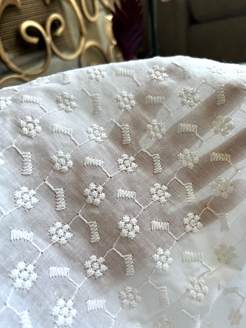 White Hakoba Cotton Embroidered Fabric with Florals image 4