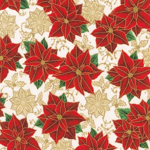 Holiday Flourish - Festive Finery - Poinsettias Cream Gold Fabric - Metallic Cotton Fabric