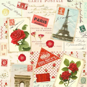 Rose vintage - Tissu Paris cartes postales vintage - Tissu en coton