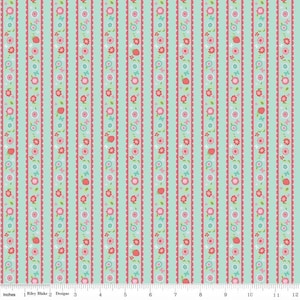 Butterflies & Berries - Floral Stripe on Mint - Cotton Fabric