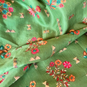 Green Artificial Silk Screen Print with Embroidery/Lustrous Fabric