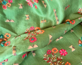 Green Artificial Silk Screen Print with Embroidery/Lustrous Fabric