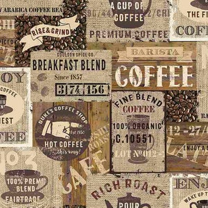 Timeless Treasures - Rise And Grind - Packed Coffee Signs - Cotton Fabric