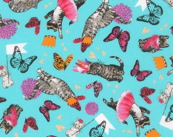 Robert Kaufman - Fancypants - Cats Turquoise Fabric by World Art Group - Cotton Fabric