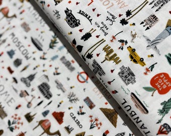 Bon Voyage - World Traveler - Biała tkanina od Rifle Paper Co. - Tkanina bawełniana