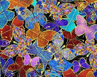 May include: A seamless pattern of colorful butterflies with intricate designs and gold accents on a black background.