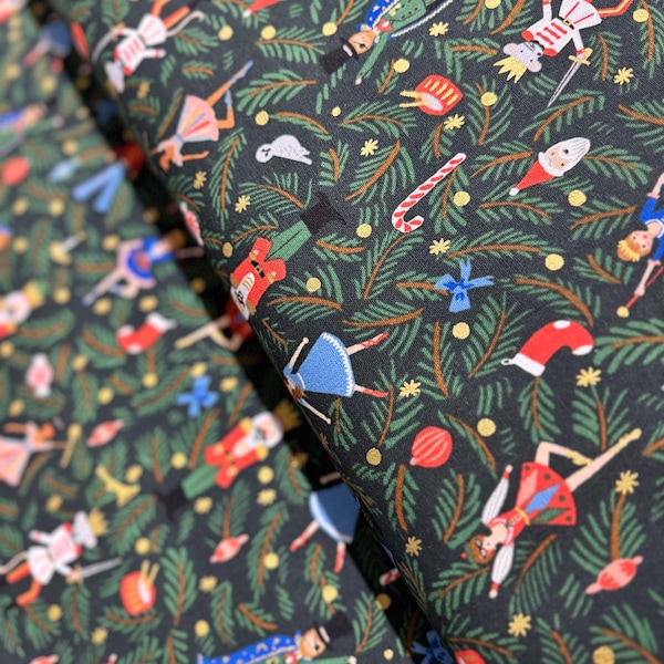 Nutcracker Evergreen Metallic Canvas Fabric: Holiday Classics by Rifle Paper Co.