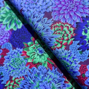 Kaffe Fassett Collective - Dancing Dahlias Blue Fabric by Philip Jacobs - Cotton Fabric