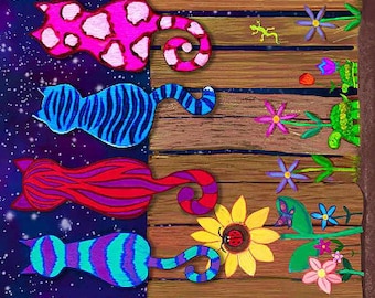 Tesoros atemporales - Observación de estrellas - Gatos coloridos en una valla Raya de 11" - Impresión digital - Tela de algodón