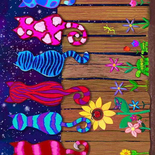 Timeless Treasures - Star Gazing - Colorful Cats On A Fence 11" Stripe - Digital Print - Cotton Fabric