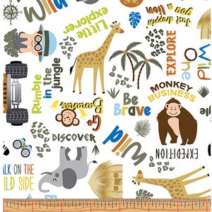 Safari Adventure - On Safari Words Weißer Stoff von Kanvas Studio - Baumwollstoff