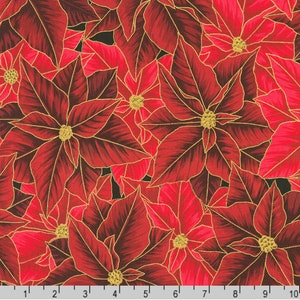 Holiday Flourish - Festive Finery - Packed Poinsettias Cranberry Gold Fabric - Metallic Cotton Fabric