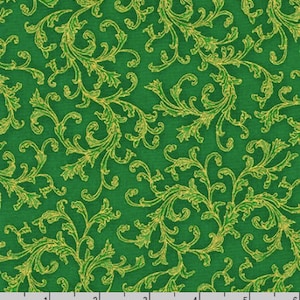 Robert Kaufman - Holiday Flourish (14) - Swirls Green Metallic Fabric - Metallic Cotton Fabric